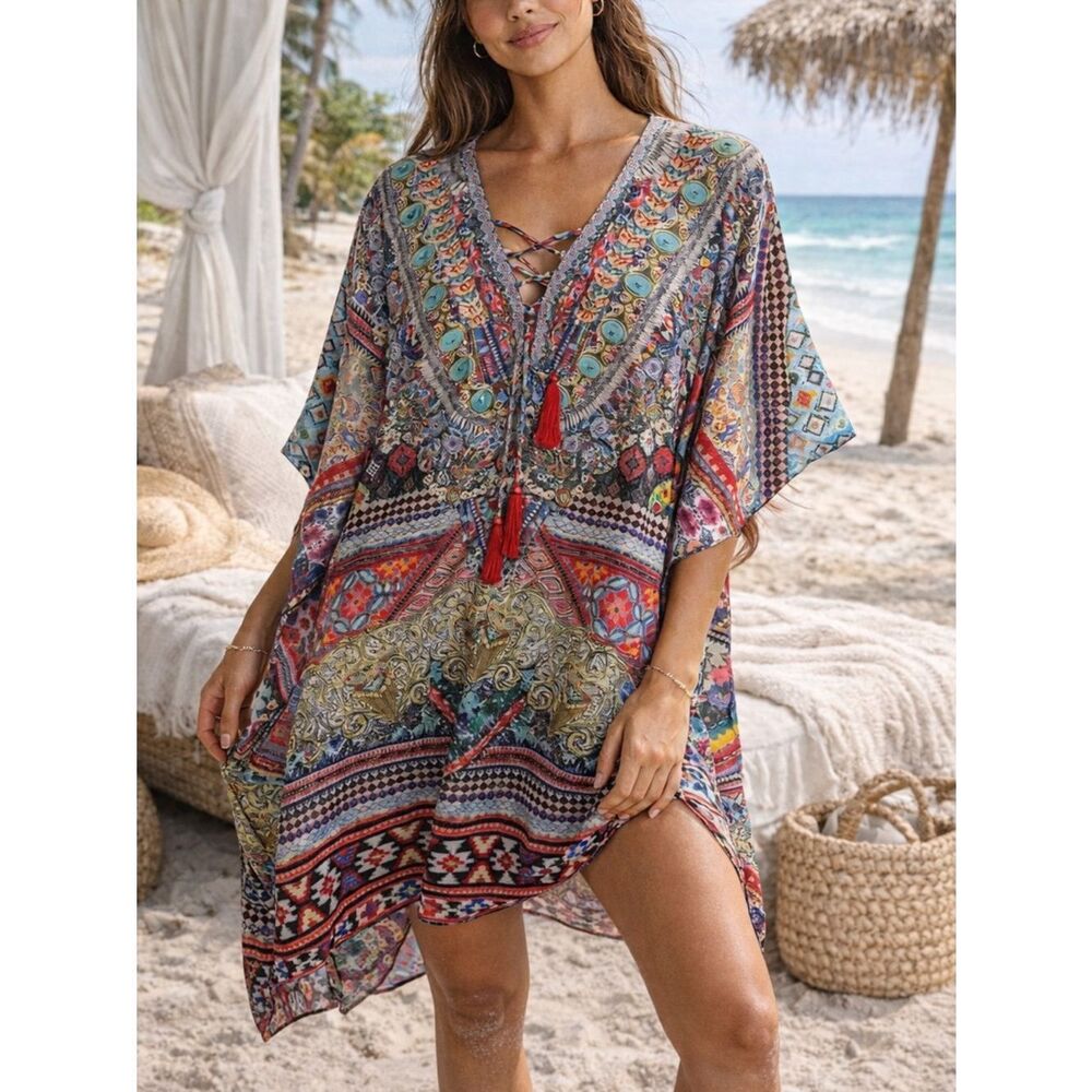 Sakkas Multicolor Printed Kaftan Cover Up Tassel Tie One Size Boho Resort